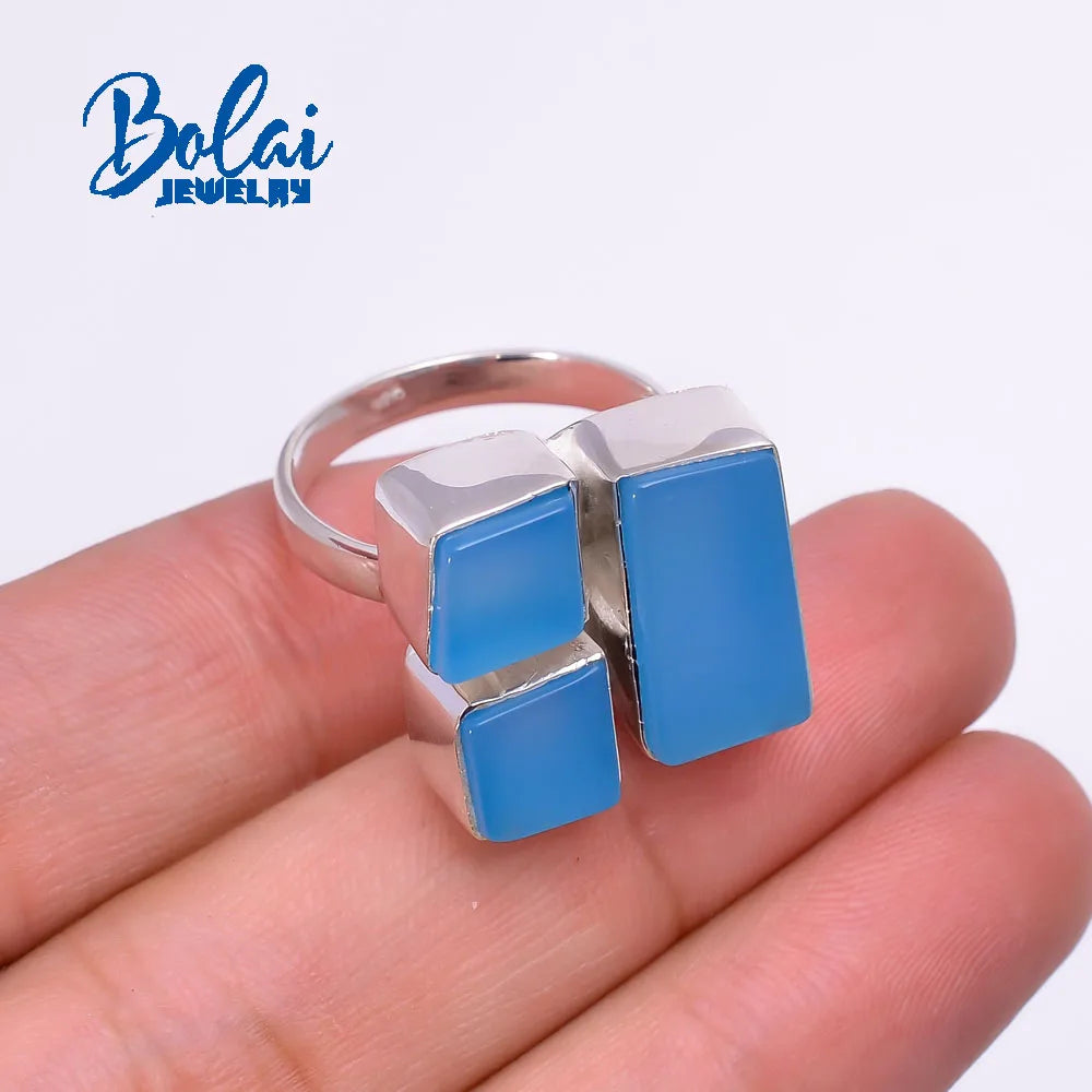 Bolaijewelry – grand anneau en argent sterling 925 fait à la main, agate bleue naturelle, simple, tendance, bijoux fins pour femmes
