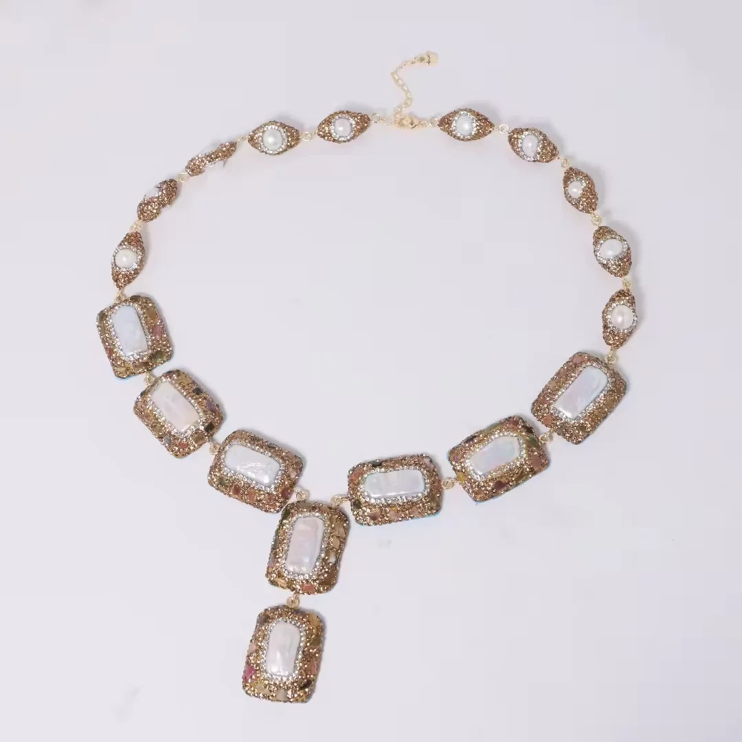 GLSEEVO Natural Freshwater Baroque Pearl Edged Zircon Necklace Korean Style Women Luxury Jewelry Fashion Ladies and Girls Gift