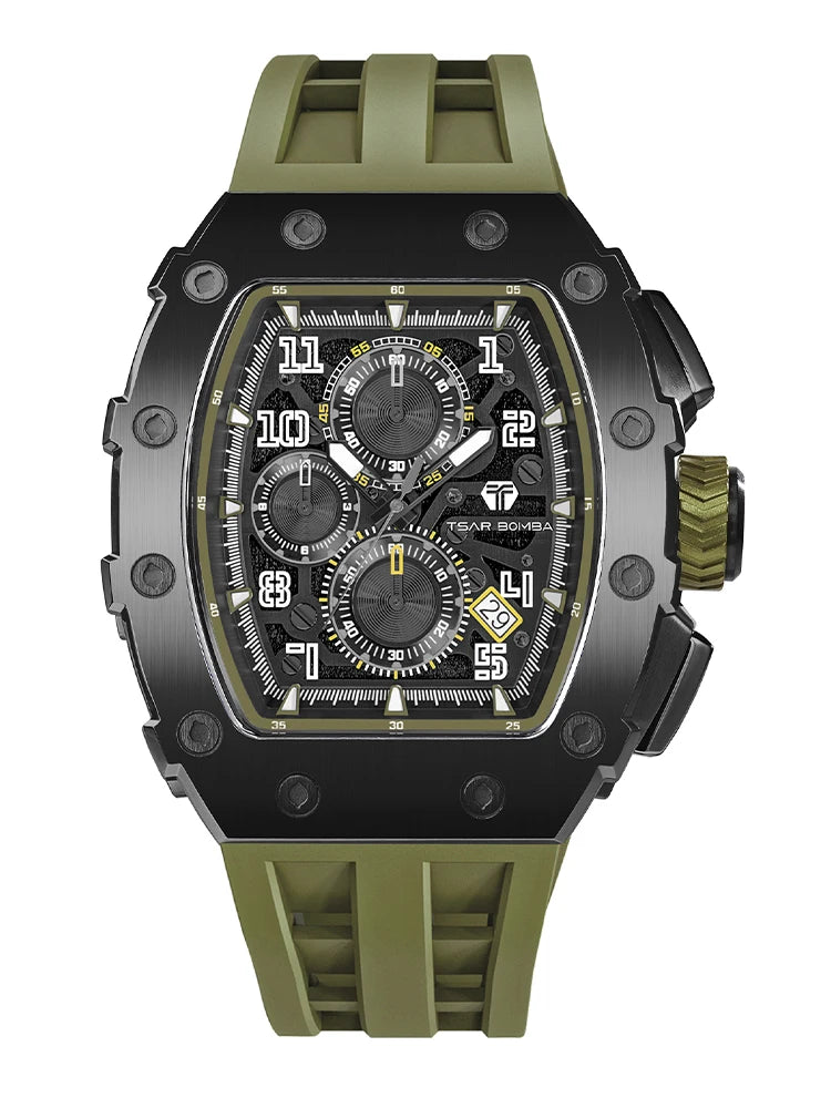 TSAR BOMBA Men's Luxury Fashion Tonneau Stainless Steel Case Silicone Band Analog Wristwatch Seiko Movement 5BAR Water Resistant