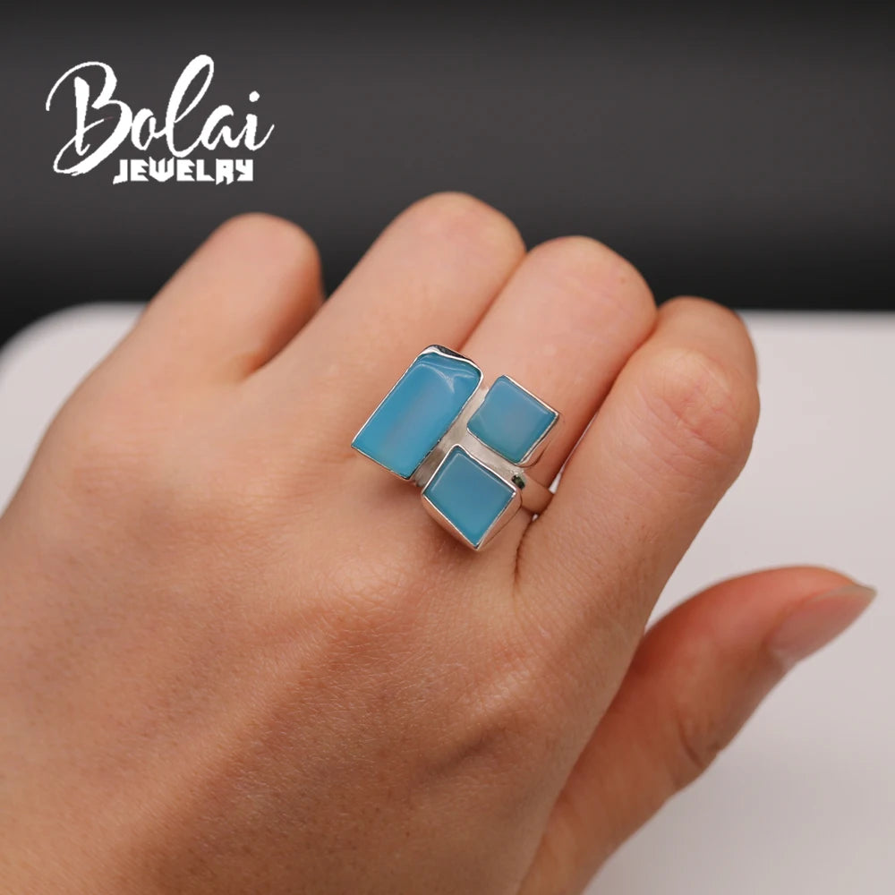 Bolaijewelry – grand anneau en argent sterling 925 fait à la main, agate bleue naturelle, simple, tendance, bijoux fins pour femmes