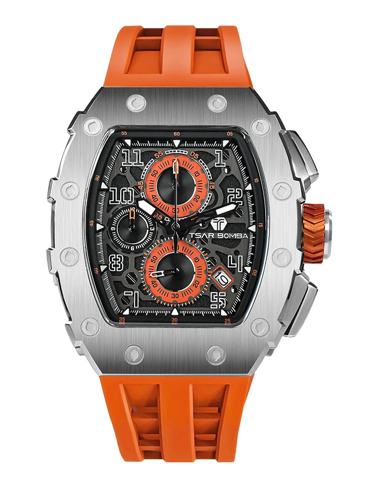 TSAR BOMBA Men's Luxury Fashion Tonneau Stainless Steel Case Silicone Band Analog Wristwatch Seiko Movement 5BAR Water Resistant