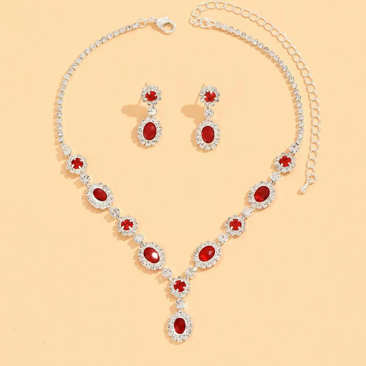 Brand-New High-End Ruby Crystal Necklace Earring Set Light Luxury Original Design Weddings Parties Engagements Gift Idea Brass