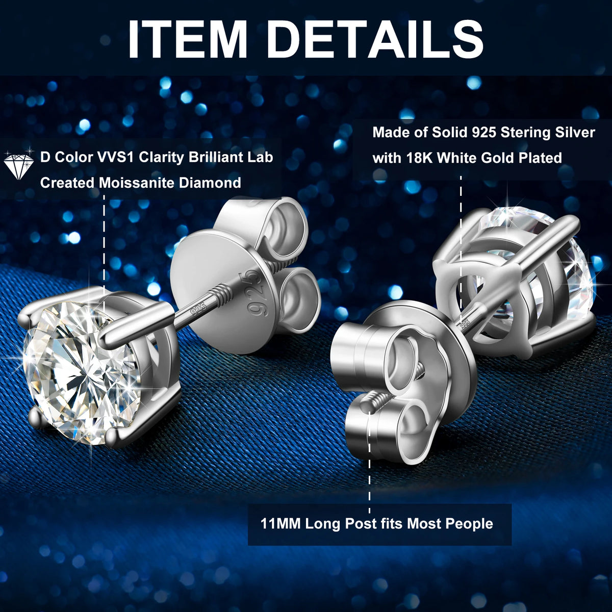 Local US Stock High Quality Women 6.5mm 1ct Classic 925 Sterling Silver VVS Moissanite Solitaire Stud Earrings