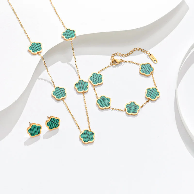 High Quality Stainless Steel 5 Flower Clover Jewelry Set Women Gold Plated White Shell Trendy Wedding Party Bracelet Necklace
