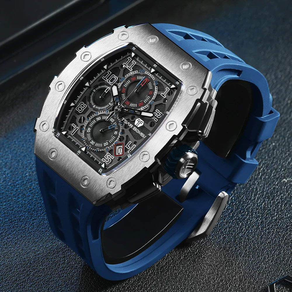 TSAR BOMBA Men's Luxury Fashion Tonneau Stainless Steel Case Silicone Band Analog Wristwatch Seiko Movement 5BAR Water Resistant
