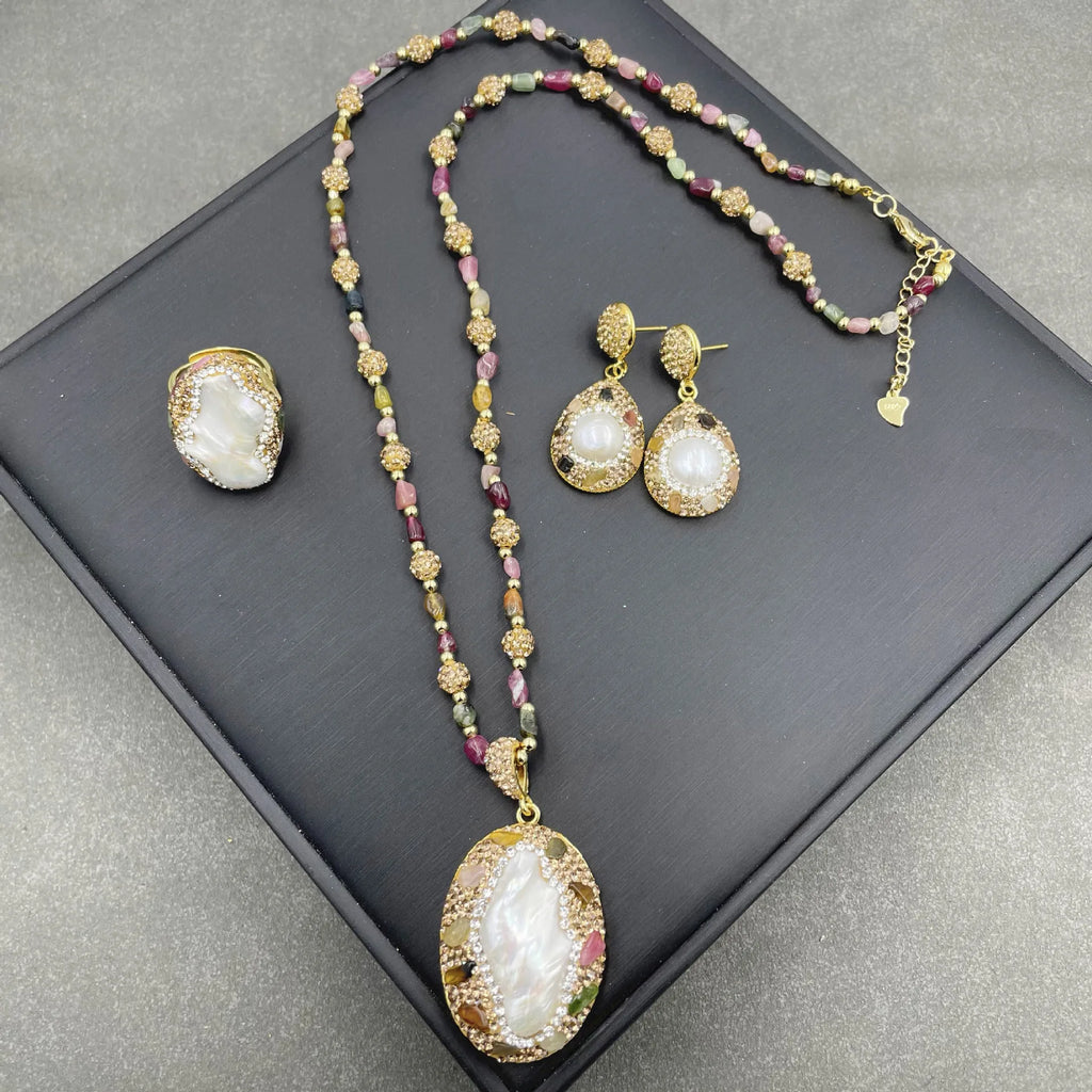 Baroque Pearl Necklace, Earrings, Rings 3PCS Per Set Natural Freshwater Shaped Pearl Sweater Chain High-end Handmade Jewelry Set