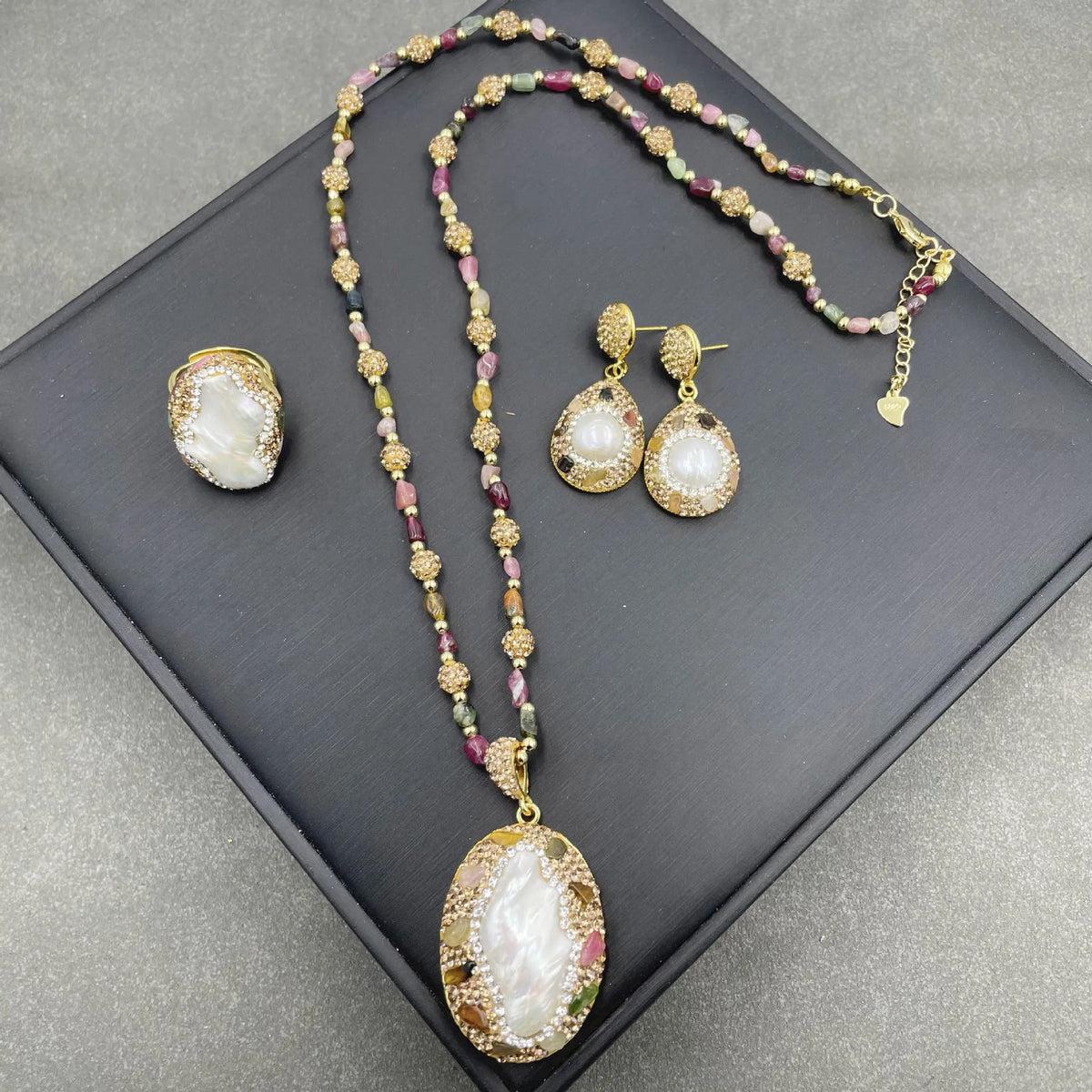 Baroque Pearl Necklace, Earrings, Rings 3PCS Per Set Natural Freshwater Shaped Pearl Sweater Chain High-end Handmade Jewelry Set