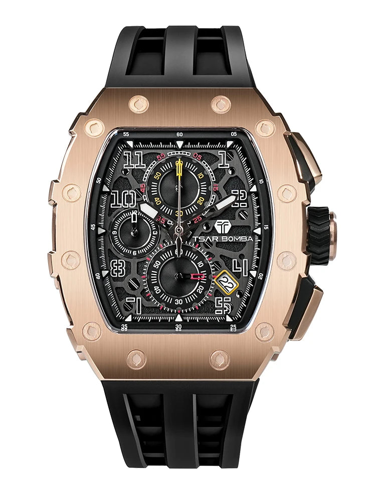 TSAR BOMBA Men's Luxury Fashion Tonneau Stainless Steel Case Silicone Band Analog Wristwatch Seiko Movement 5BAR Water Resistant
