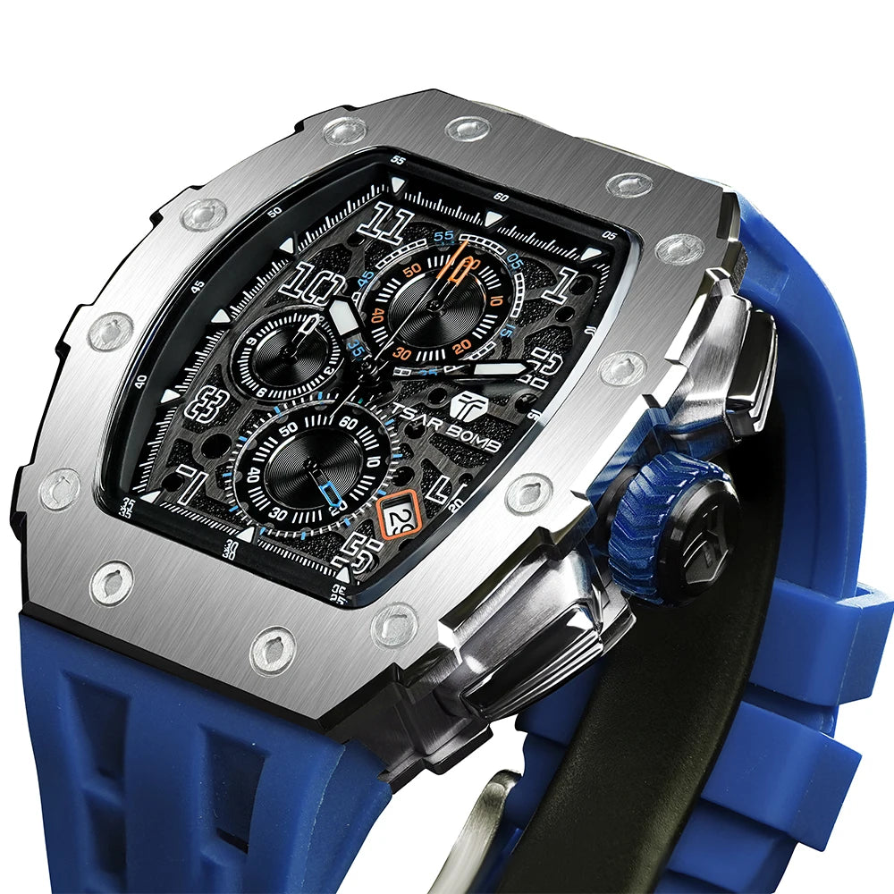 TSAR BOMBA Men's Luxury Fashion Tonneau Stainless Steel Case Silicone Band Analog Wristwatch Seiko Movement 5BAR Water Resistant