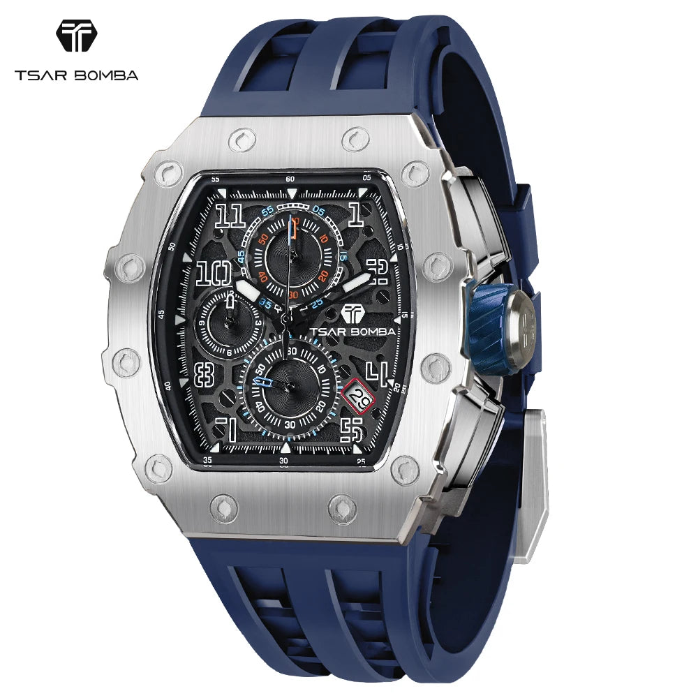 TSAR BOMBA Men's Luxury Fashion Tonneau Stainless Steel Case Silicone Band Analog Wristwatch Seiko Movement 5BAR Water Resistant