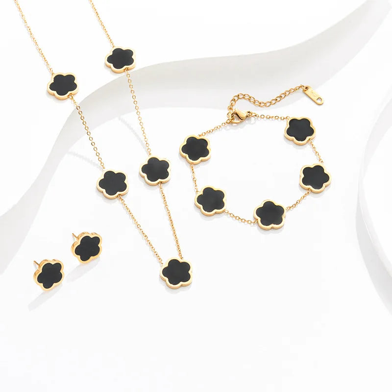 High Quality Stainless Steel 5 Flower Clover Jewelry Set Women Gold Plated White Shell Trendy Wedding Party Bracelet Necklace