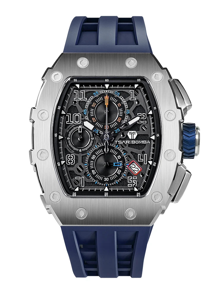 TSAR BOMBA Men's Luxury Fashion Tonneau Stainless Steel Case Silicone Band Analog Wristwatch Seiko Movement 5BAR Water Resistant