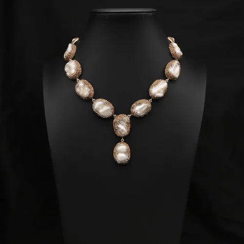 GLSEEVO Natural Freshwater Baroque Pearl Edged Zircon Necklace Korean Style Women Luxury Jewelry Fashion Ladies and Girls Gift