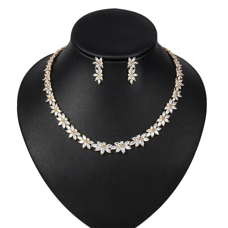 Korean Fashion Zirconia Jewelry Set Bridal Wedding Elegant Luxury Flower Diamond Dangle Earrings Choker Necklace Banquet Sets
