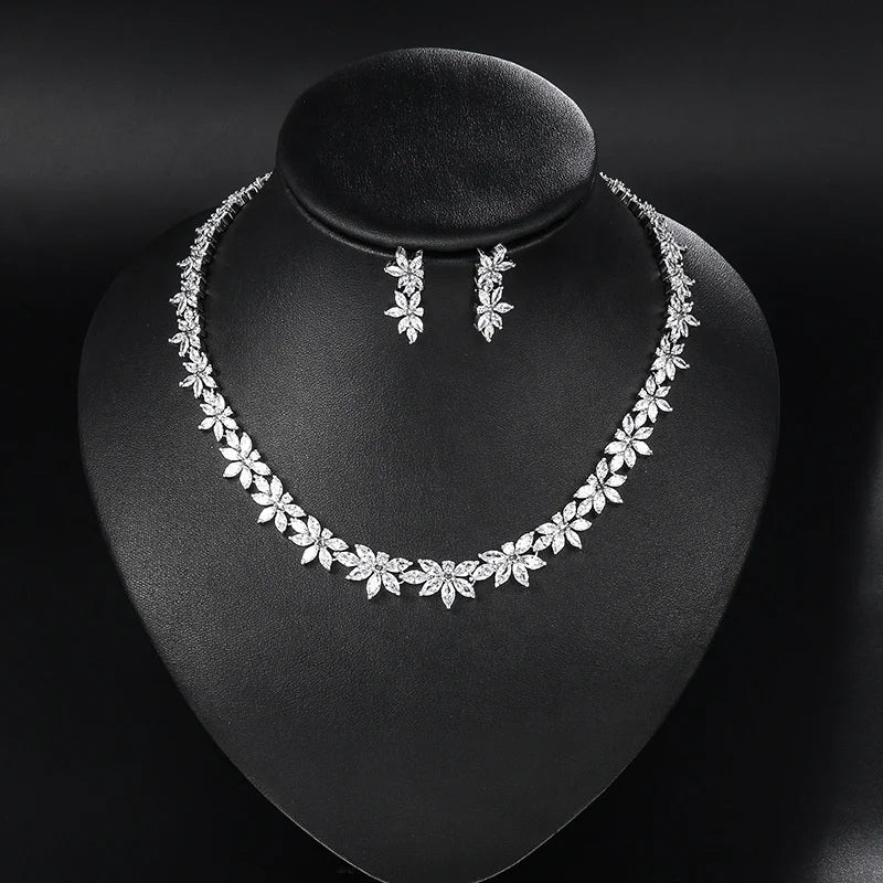 Korean Fashion Zirconia Jewelry Set Bridal Wedding Elegant Luxury Flower Diamond Dangle Earrings Choker Necklace Banquet Sets