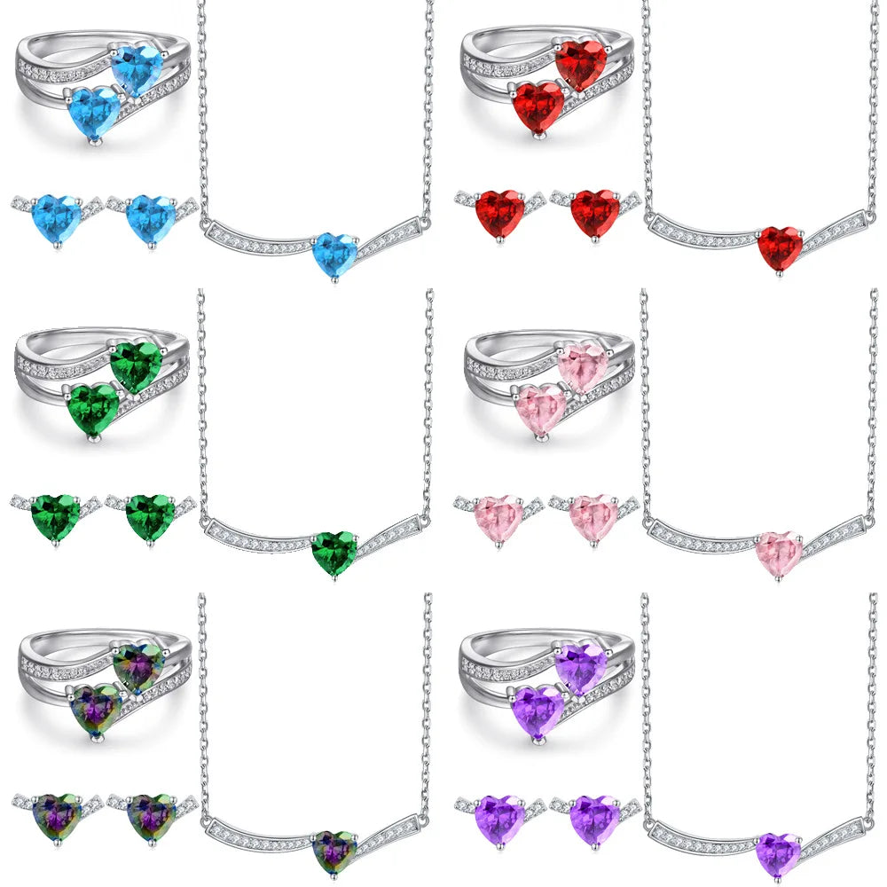 BOYI Valentine's Day Gift Fine Jewelry S925 Sterling Silver Colored Heart Zircon Jewelry Sets for Women