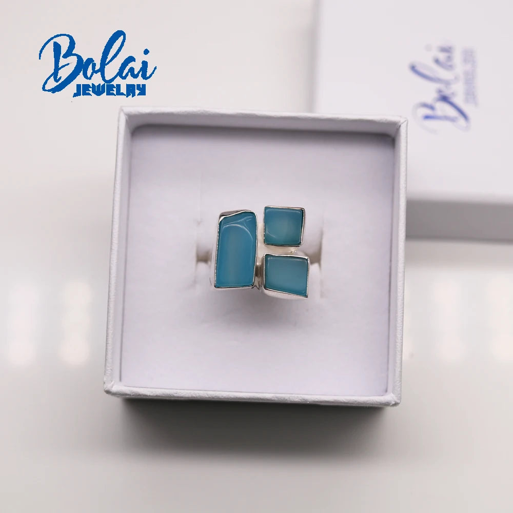 Bolaijewelry – grand anneau en argent sterling 925 fait à la main, agate bleue naturelle, simple, tendance, bijoux fins pour femmes