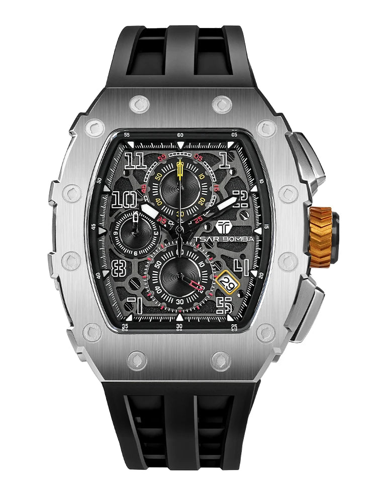 TSAR BOMBA Men's Luxury Fashion Tonneau Stainless Steel Case Silicone Band Analog Wristwatch Seiko Movement 5BAR Water Resistant