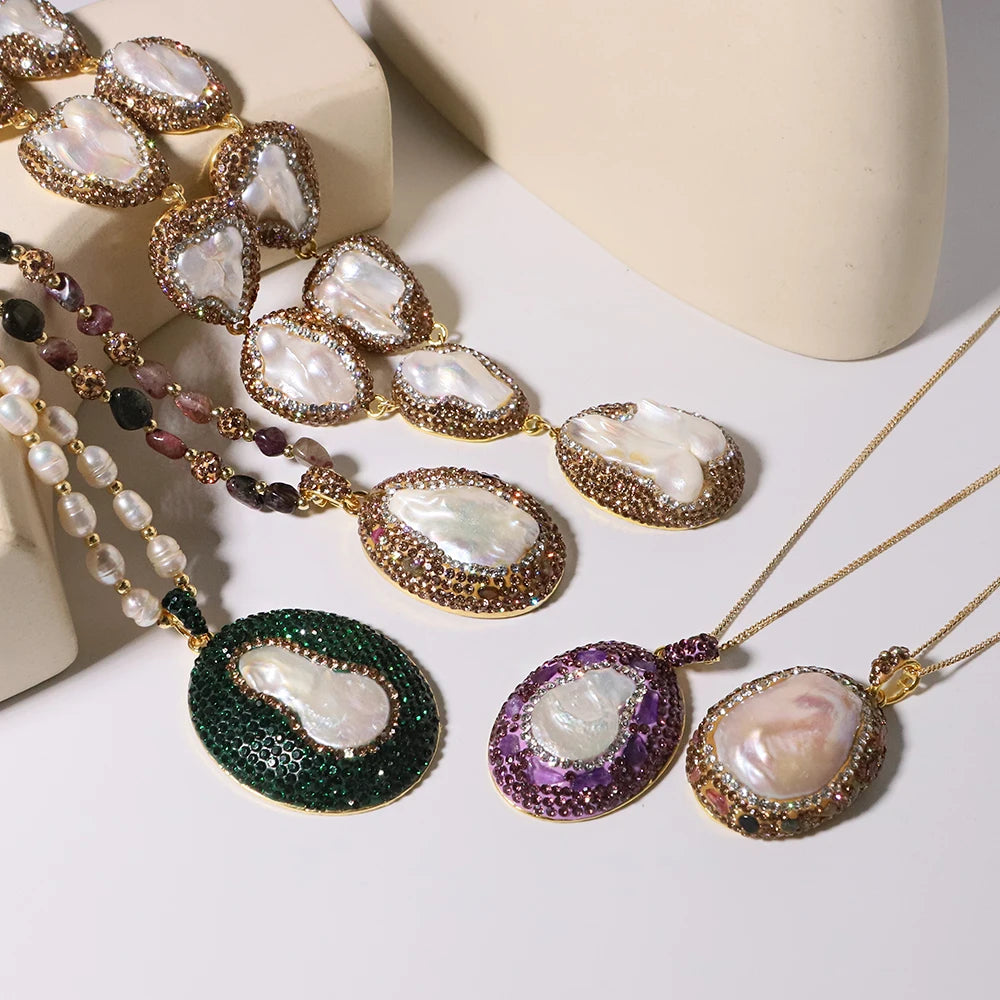 GLSEEVO Natural Freshwater Baroque Pearl Edged Zircon Necklace Korean Style Women Luxury Jewelry Fashion Ladies and Girls Gift