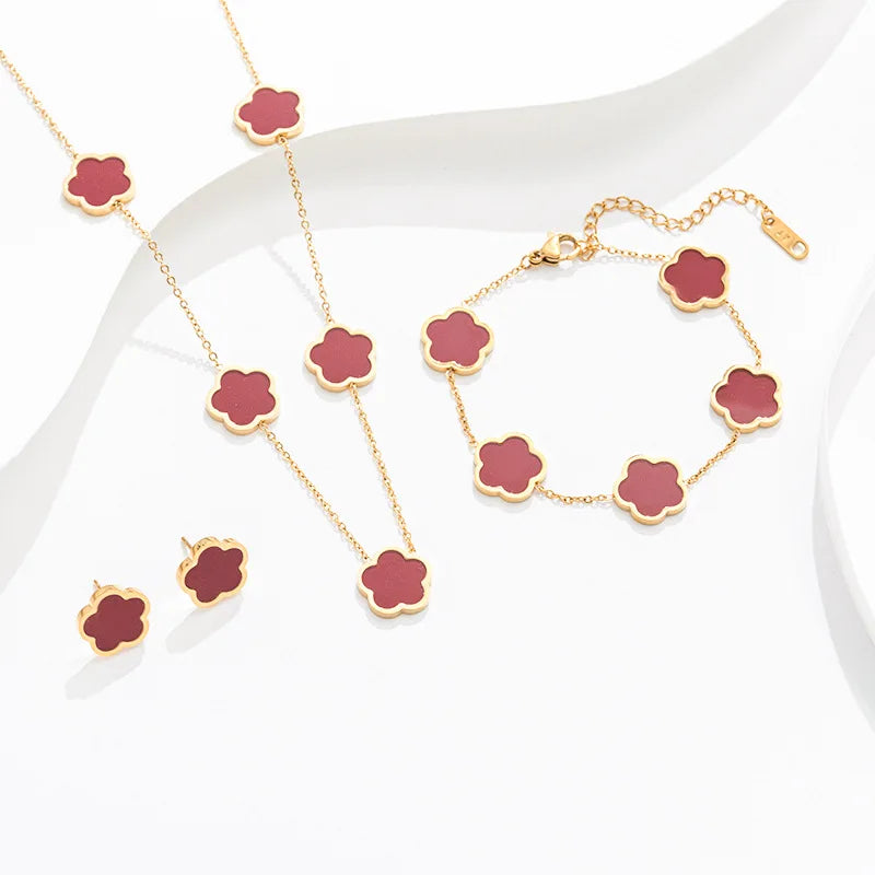 High Quality Stainless Steel 5 Flower Clover Jewelry Set Women Gold Plated White Shell Trendy Wedding Party Bracelet Necklace