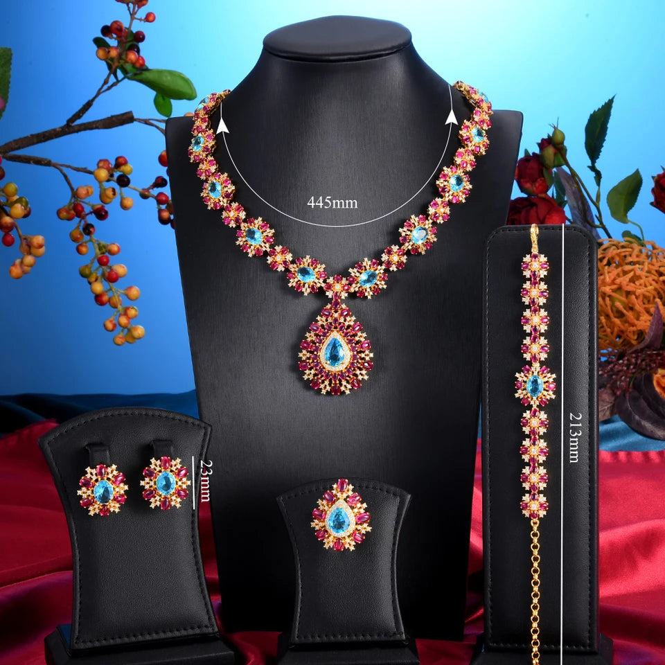 T180D Famous Brand Luxury African Set 4PCS Ruby CZ for Women Wedding Party Zircon Crystal Anniversary Bridal Set Gift Dubai