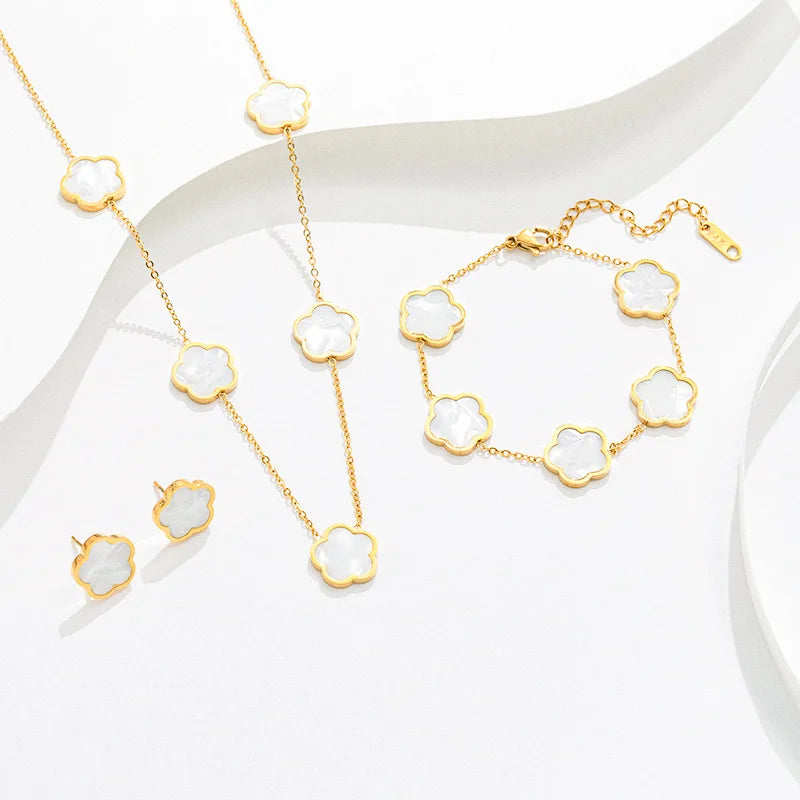 High Quality Stainless Steel 5 Flower Clover Jewelry Set Women Gold Plated White Shell Trendy Wedding Party Bracelet Necklace