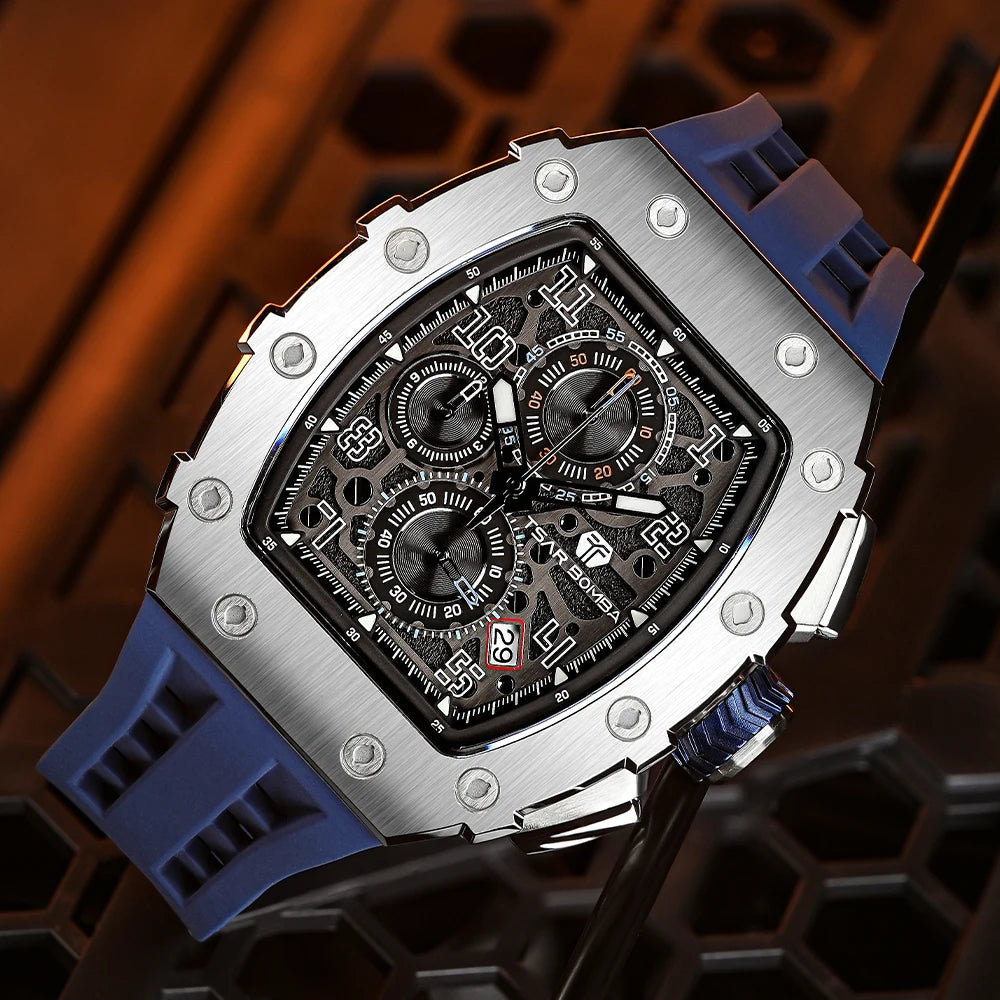 TSAR BOMBA Men's Luxury Fashion Tonneau Stainless Steel Case Silicone Band Analog Wristwatch Seiko Movement 5BAR Water Resistant