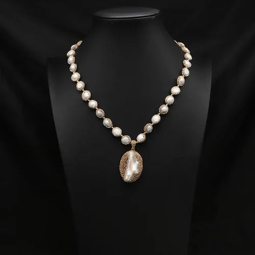 GLSEEVO Natural Freshwater Baroque Pearl Edged Zircon Necklace Korean Style Women Luxury Jewelry Fashion Ladies and Girls Gift