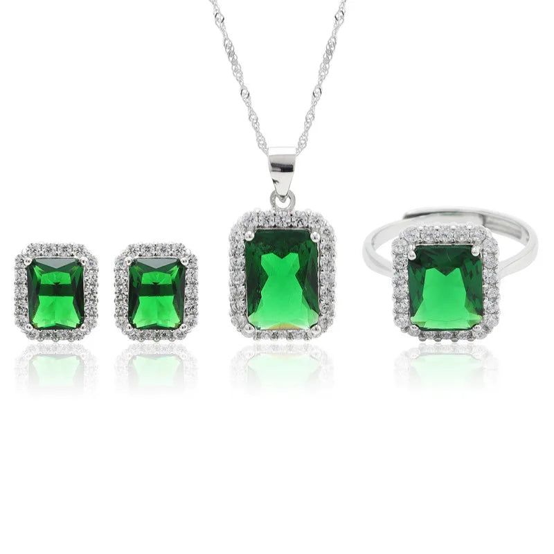 Sterling Silver 925 Wedding Stud Earrings Ring Necklace Inlaid Tourmaline Gem Jewelry Nigerian Wedding Jewelry Set Flowers