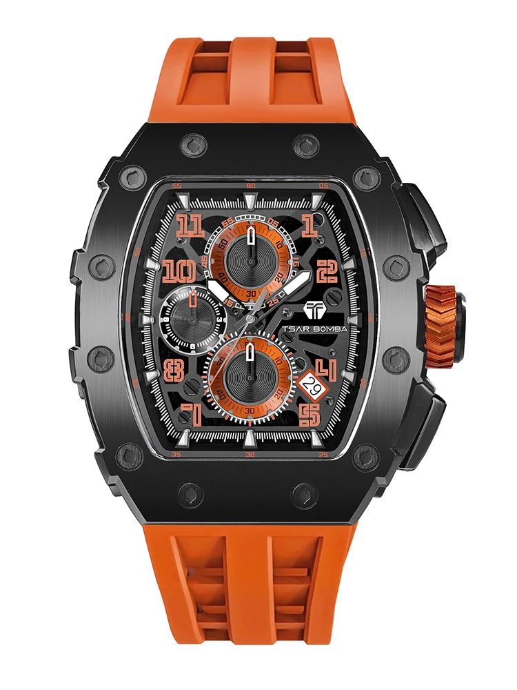 TSAR BOMBA Men's Luxury Fashion Tonneau Stainless Steel Case Silicone Band Analog Wristwatch Seiko Movement 5BAR Water Resistant