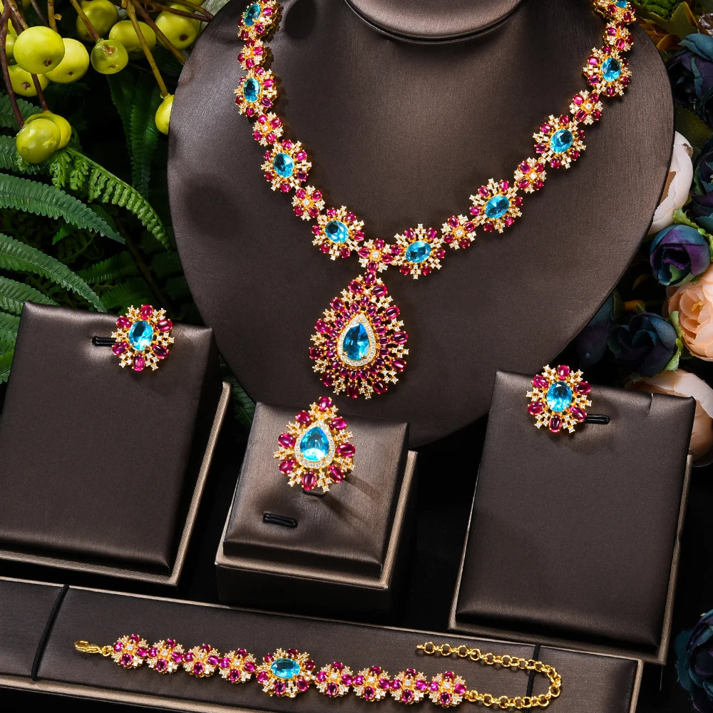 T180D Famous Brand Luxury African Set 4PCS Ruby CZ for Women Wedding Party Zircon Crystal Anniversary Bridal Set Gift Dubai