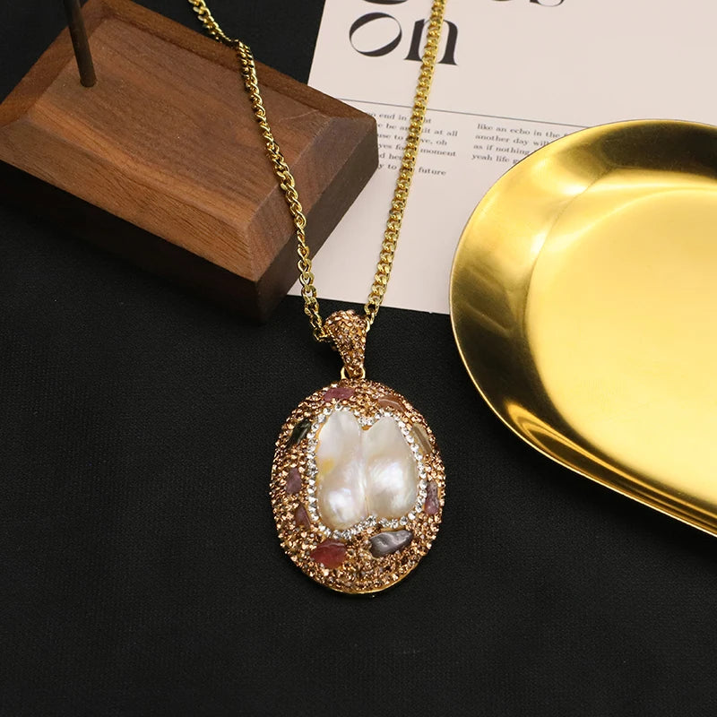 GLSEEVO Natural Freshwater Baroque Pearl Edged Zircon Necklace Korean Style Women Luxury Jewelry Fashion Ladies and Girls Gift