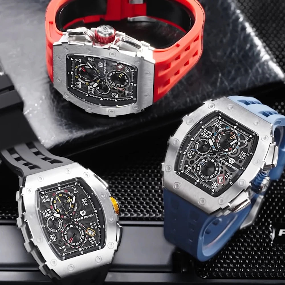 TSAR BOMBA Men's Luxury Fashion Tonneau Stainless Steel Case Silicone Band Analog Wristwatch Seiko Movement 5BAR Water Resistant