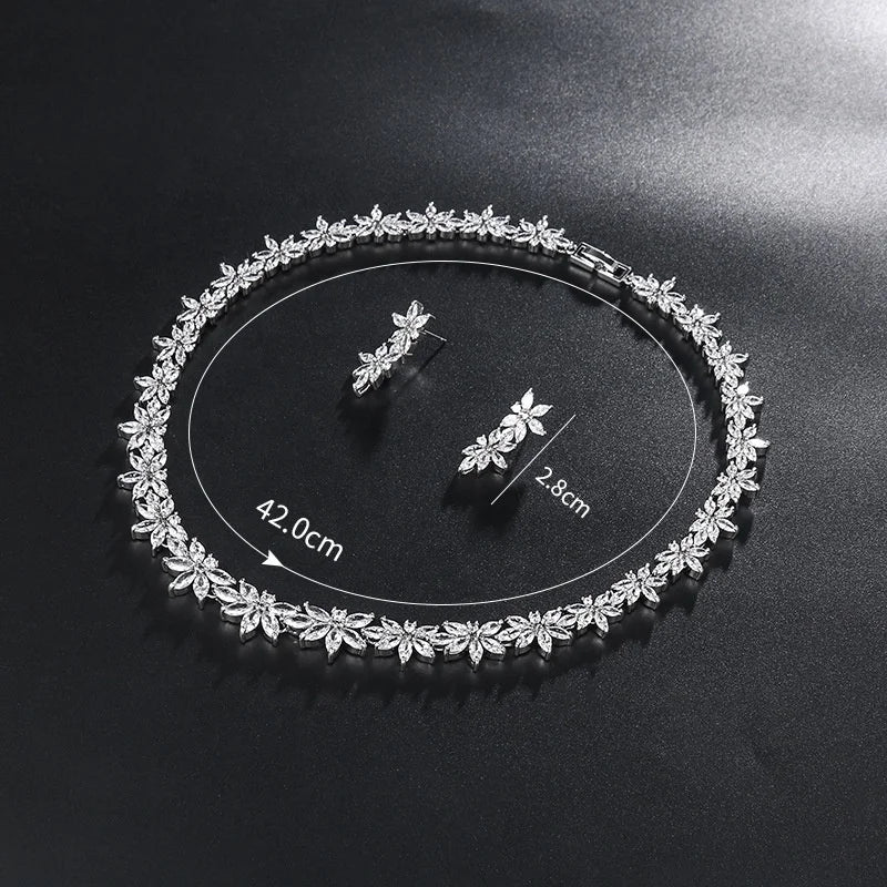 Korean Fashion Zirconia Jewelry Set Bridal Wedding Elegant Luxury Flower Diamond Dangle Earrings Choker Necklace Banquet Sets