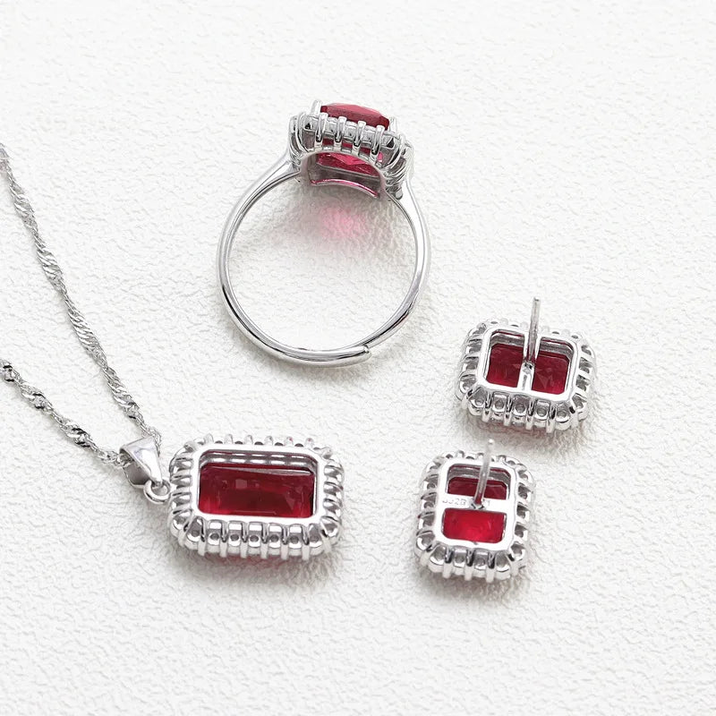 Sterling Silver 925 Wedding Stud Earrings Ring Necklace Inlaid Tourmaline Gem Jewelry Nigerian Wedding Jewelry Set Flowers