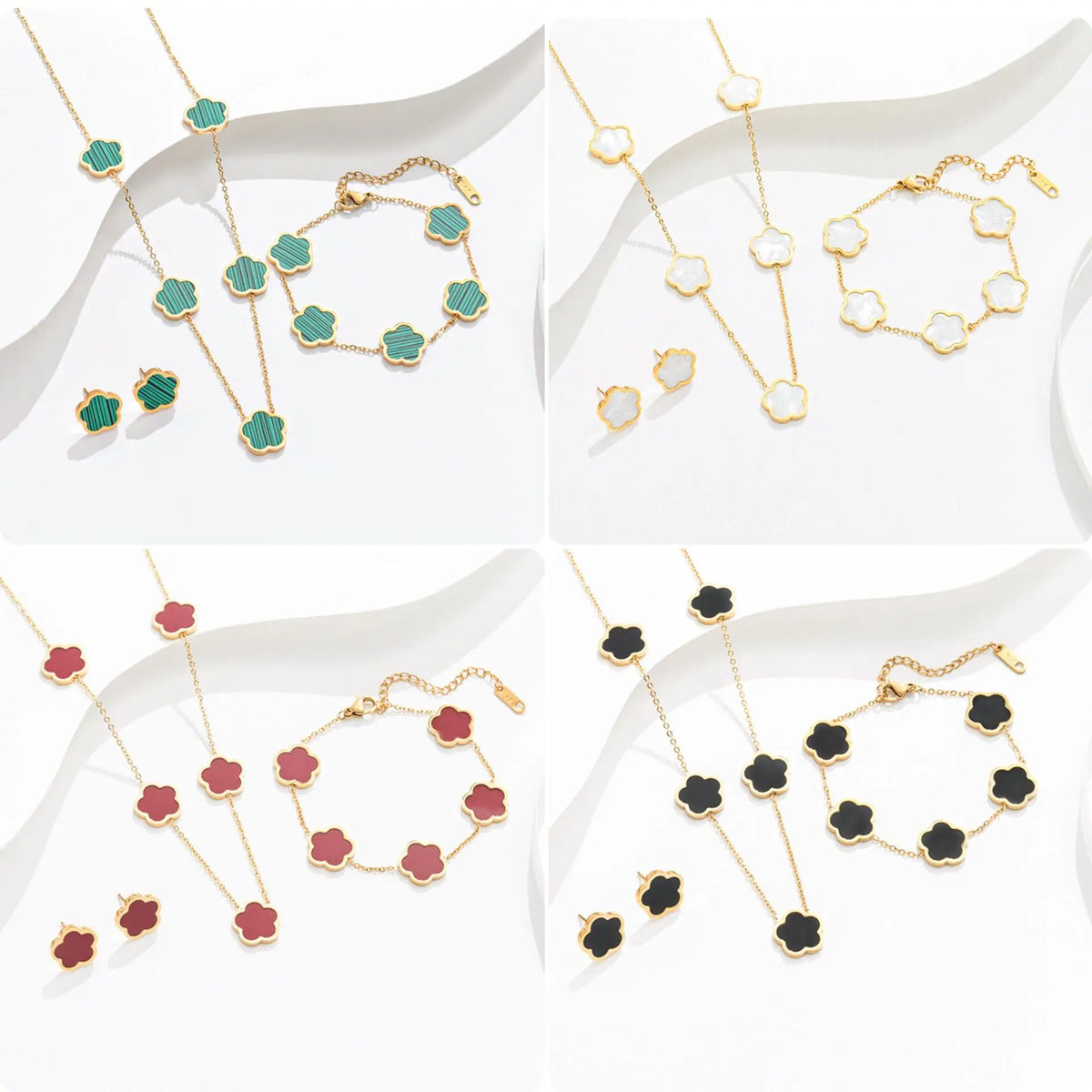 High Quality Stainless Steel 5 Flower Clover Jewelry Set Women Gold Plated White Shell Trendy Wedding Party Bracelet Necklace