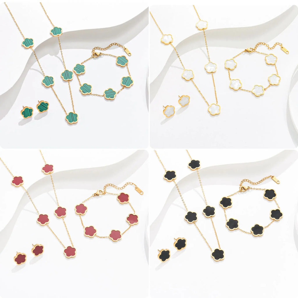 High Quality Stainless Steel 5 Flower Clover Jewelry Set Women Gold Plated White Shell Trendy Wedding Party Bracelet Necklace