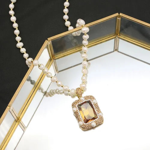 GLSEEVO Natural Freshwater Baroque Pearl Edged Zircon Necklace Korean Style Women Luxury Jewelry Fashion Ladies and Girls Gift