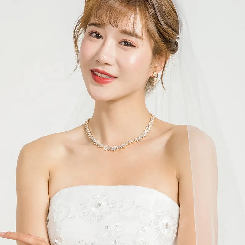 Korean Fashion Zirconia Jewelry Set Bridal Wedding Elegant Luxury Flower Diamond Dangle Earrings Choker Necklace Banquet Sets