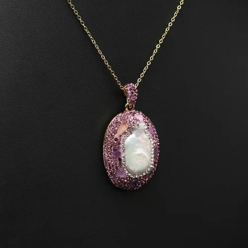GLSEEVO Natural Freshwater Baroque Pearl Edged Zircon Necklace Korean Style Women Luxury Jewelry Fashion Ladies and Girls Gift