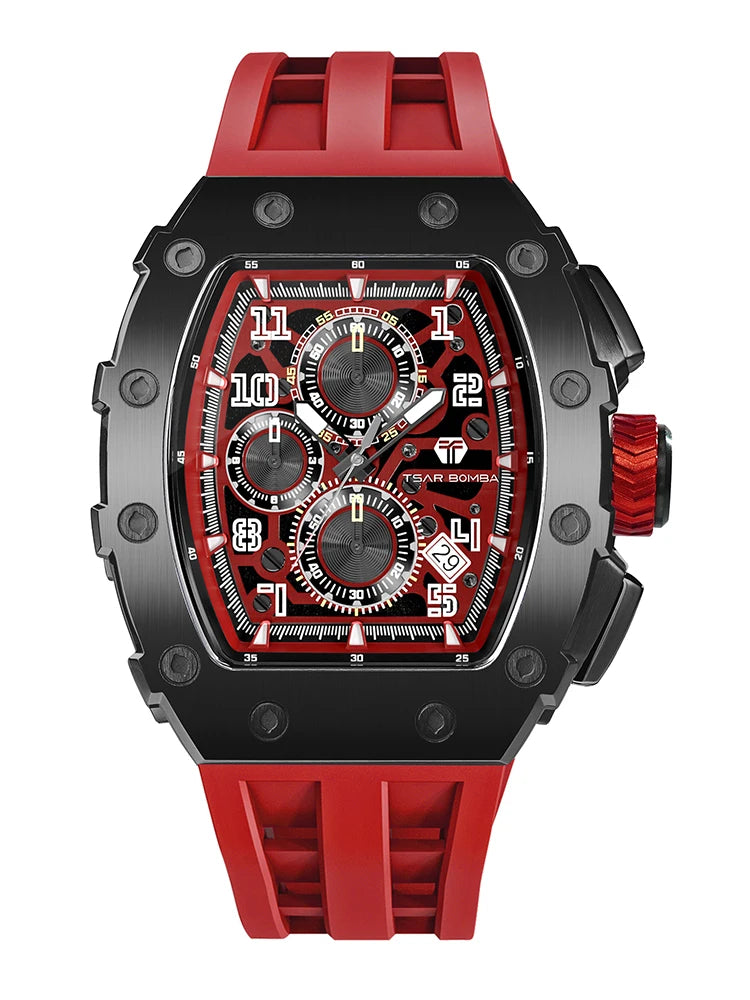 TSAR BOMBA Men's Luxury Fashion Tonneau Stainless Steel Case Silicone Band Analog Wristwatch Seiko Movement 5BAR Water Resistant
