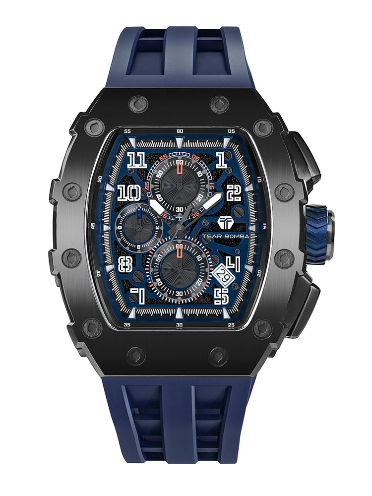 TSAR BOMBA Men's Luxury Fashion Tonneau Stainless Steel Case Silicone Band Analog Wristwatch Seiko Movement 5BAR Water Resistant