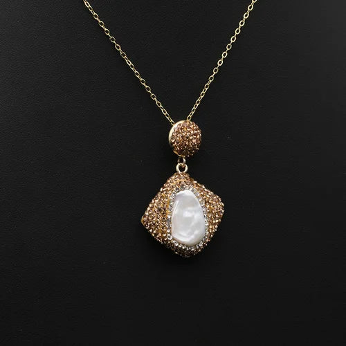 GLSEEVO Natural Freshwater Baroque Pearl Edged Zircon Necklace Korean Style Women Luxury Jewelry Fashion Ladies and Girls Gift