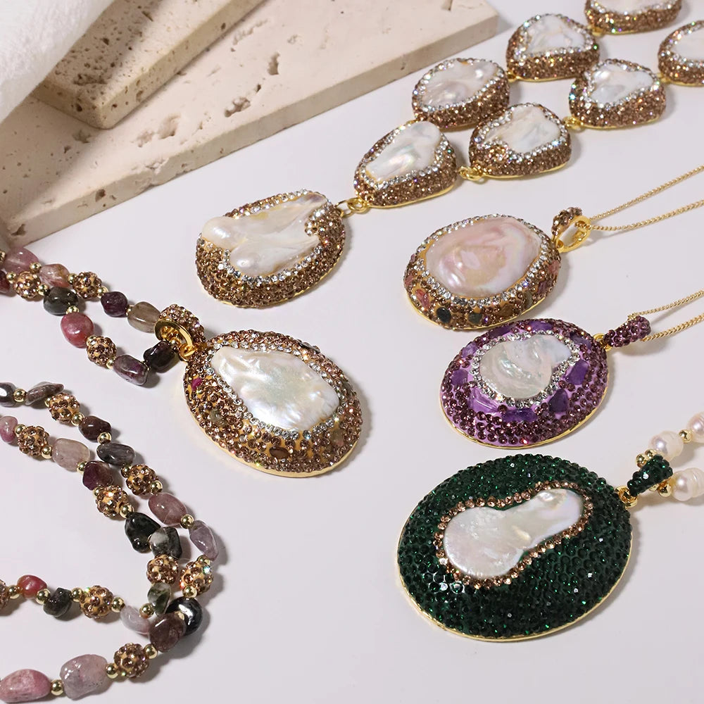 GLSEEVO Natural Freshwater Baroque Pearl Edged Zircon Necklace Korean Style Women Luxury Jewelry Fashion Ladies and Girls Gift