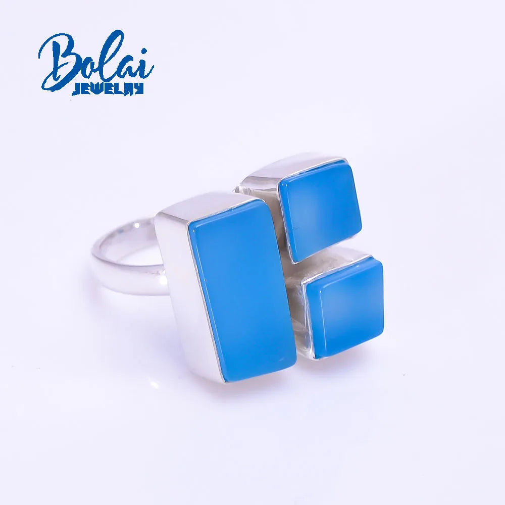Bolaijewelry – grand anneau en argent sterling 925 fait à la main, agate bleue naturelle, simple, tendance, bijoux fins pour femmes
