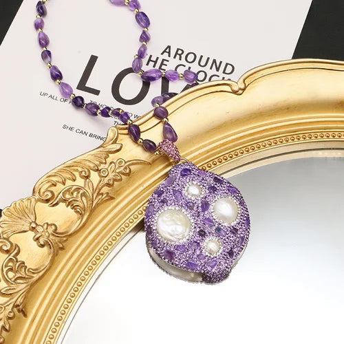 GLSEEVO Natural Freshwater Baroque Pearl Edged Zircon Necklace Korean Style Women Luxury Jewelry Fashion Ladies and Girls Gift