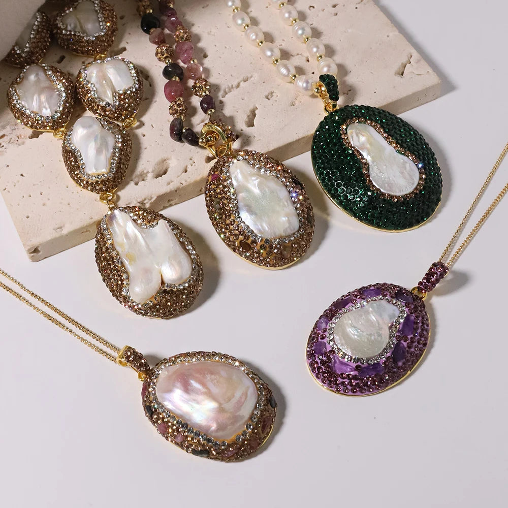 GLSEEVO Natural Freshwater Baroque Pearl Edged Zircon Necklace Korean Style Women Luxury Jewelry Fashion Ladies and Girls Gift