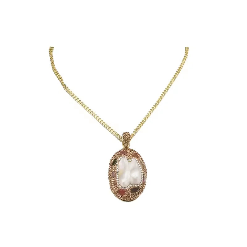 GLSEEVO Natural Freshwater Baroque Pearl Edged Zircon Necklace Korean Style Women Luxury Jewelry Fashion Ladies and Girls Gift