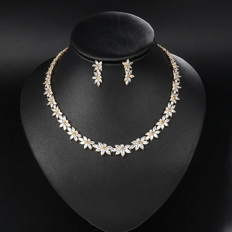 Korean Fashion Zirconia Jewelry Set Bridal Wedding Elegant Luxury Flower Diamond Dangle Earrings Choker Necklace Banquet Sets