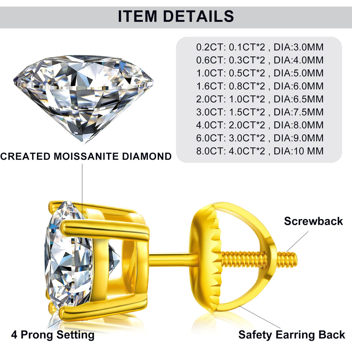 Local US Stock High Quality Women 6.5mm 1ct Classic 925 Sterling Silver VVS Moissanite Solitaire Stud Earrings